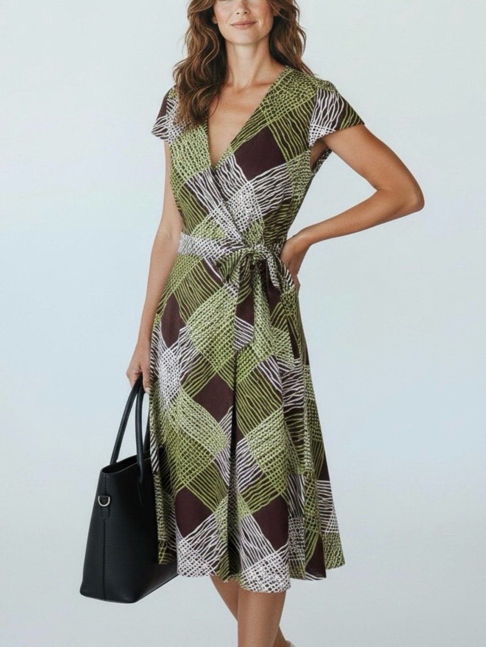 London Times Faux Wrap Dress Size 14 Green Brown White Geometric Midi Cotton